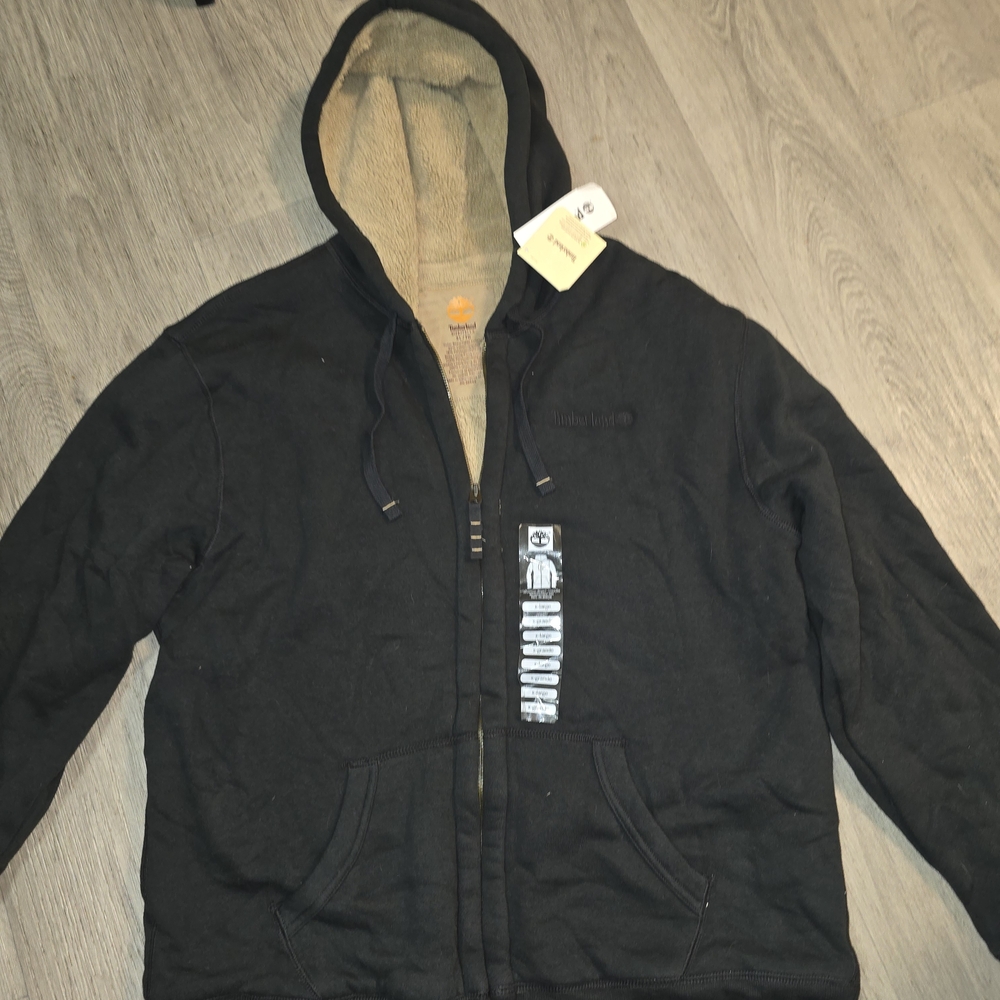 Timberland Black Hooded Zip Jacket with Tan Sherpa Lining